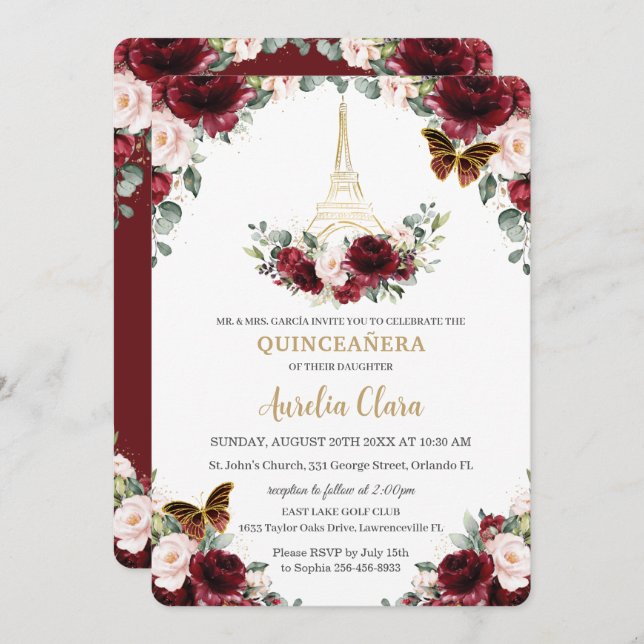 Invitation Quinceañera Burgundy Blush Floral Paris Butterfly (Devant / Derrière)