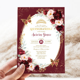 Invitation Quinceañera Burgundy Flush Papillons
