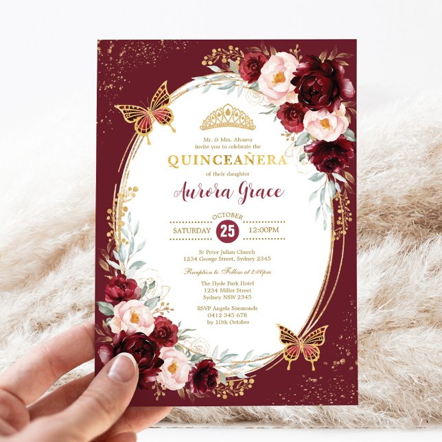 Invitation Quinceañera Burgundy Flush Papillons (Créateur téléchargé)