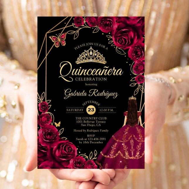 Invitation Quinceanera Burgundy Gold Butterfly Dress Floral (Créateur téléchargé)