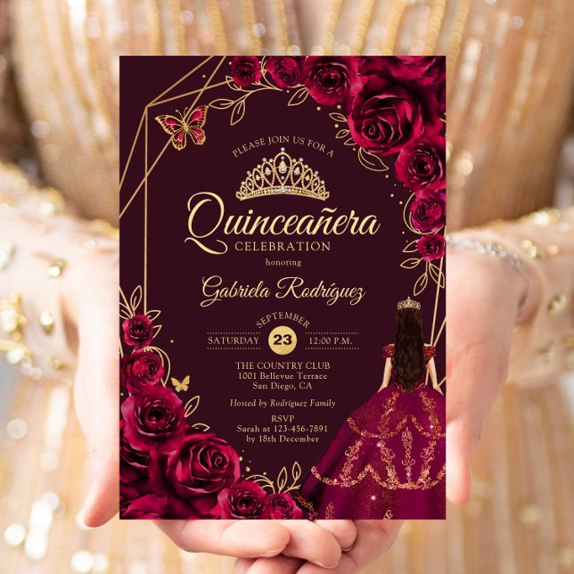 Invitation Quinceanera Burgundy Gold Dress Floral (Créateur téléchargé)