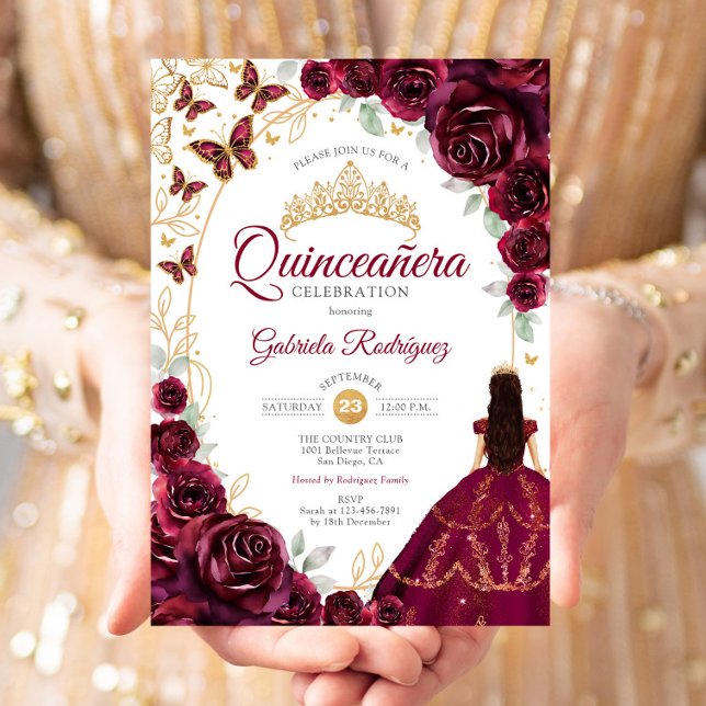 Invitation Quinceanera Burgundy Gold Floral (Créateur téléchargé)