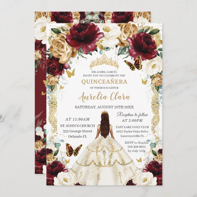 Invitation Quinceañera Burgundy Gold Floral Robe fille (Devant / Derrière)