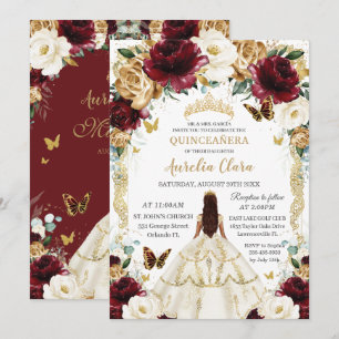 Invitation Quinceañera Burgundy Gold Floral Robe fille