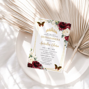 Invitation Quinceañera Burgundy Ivory White Floral Butterfly