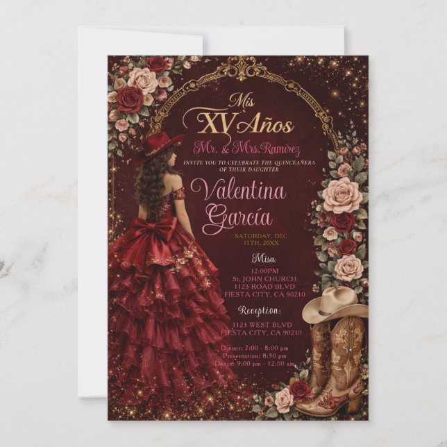 Invitation Quinceañera Burgundy occidentale (Devant)