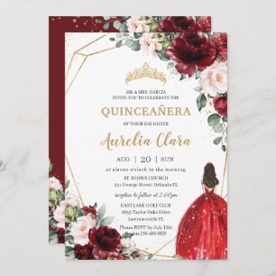 Invitation Quinceañera Burgundy Red Blush Floral Princess