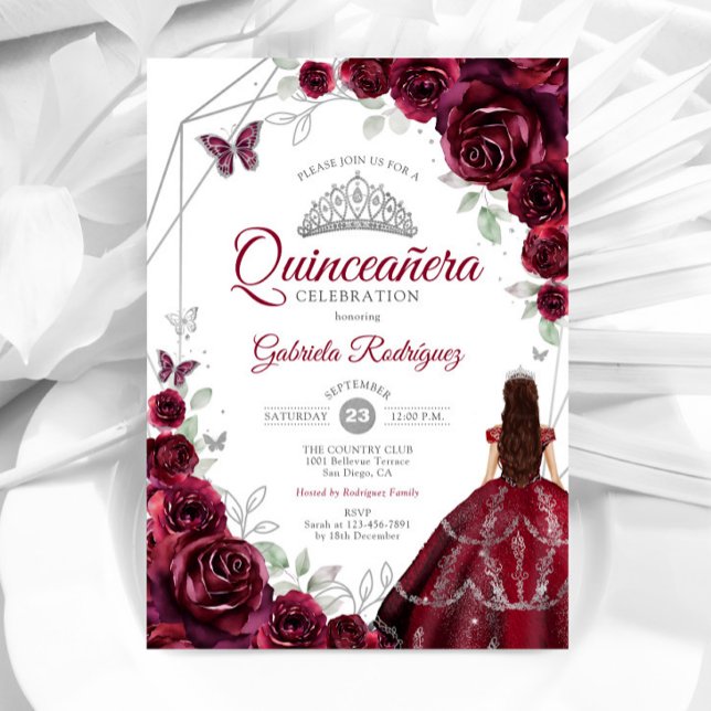 Invitation Quinceanera Burgundy Robe Florale (Créateur téléchargé)