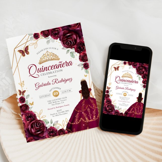 Invitation Quinceanera Burgundy Robe Florale Or (Créateur téléchargé)