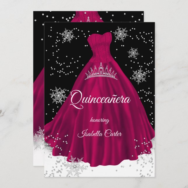 Invitation Quinceanera Burgunky rose flocon de neige Robe d'a (Devant / Derrière)