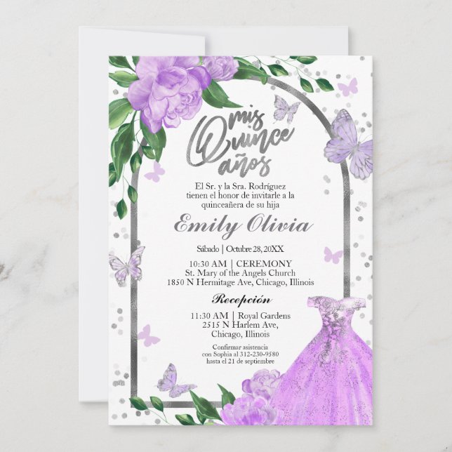Invitation Quinceanera Butterflys Lavender Gown Espagnol (Devant)