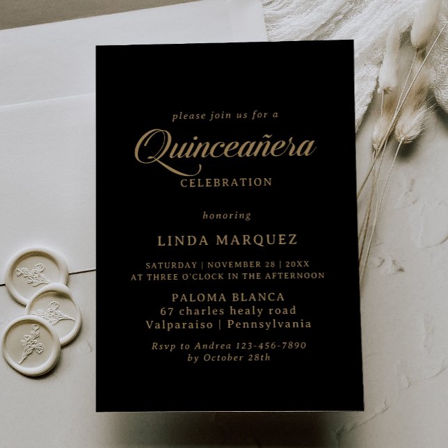 Invitation Quinceañera calligraphie classique noir et or (Créateur téléchargé)
