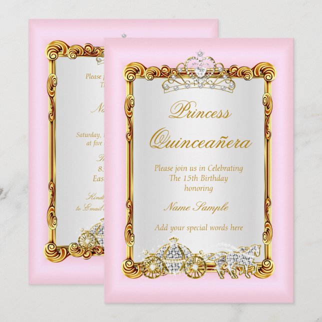 Invitation Quinceañera Carrosse Cheval Rose Or Conte de Fées (Devant / Derrière)