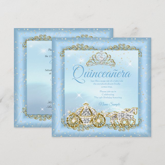 Invitation Quinceañera Cendrillon Bleu conte de fées Carrosse (Devant / Derrière)