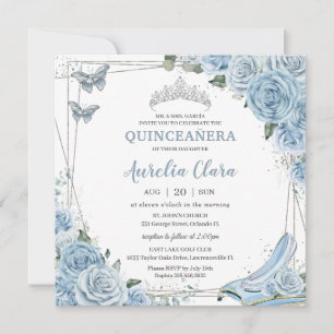 Invitation Quinceañera Cendrillon Princesse Bleu Floral