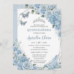 Invitation Quinceañera Cendrillon Princesse Bleu Floral