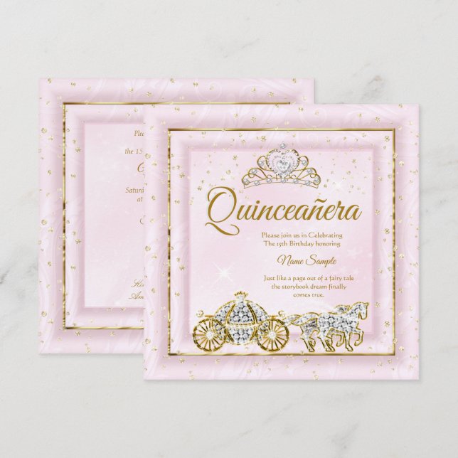 Invitation Quinceanera Cendrillon Rose Poudré Carrosse 2 (Devant / Derrière)