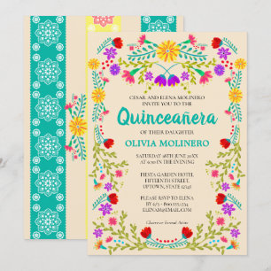 Invitation Quinceanera, Champagne Florale Mexicaine