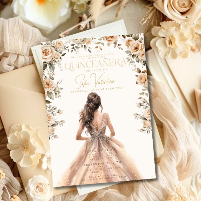 Invitation Quinceañera Champagne Gold Floral Gown Princesse (Quinceañera Champagne Gold Floral Gown Princess Invitation)