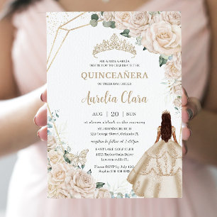 Invitation Quinceanera Champagne Ivory Floral Robe Princesse