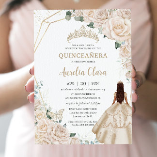 Invitation Quinceanera Champagne Ivory Floral Robe Princesse