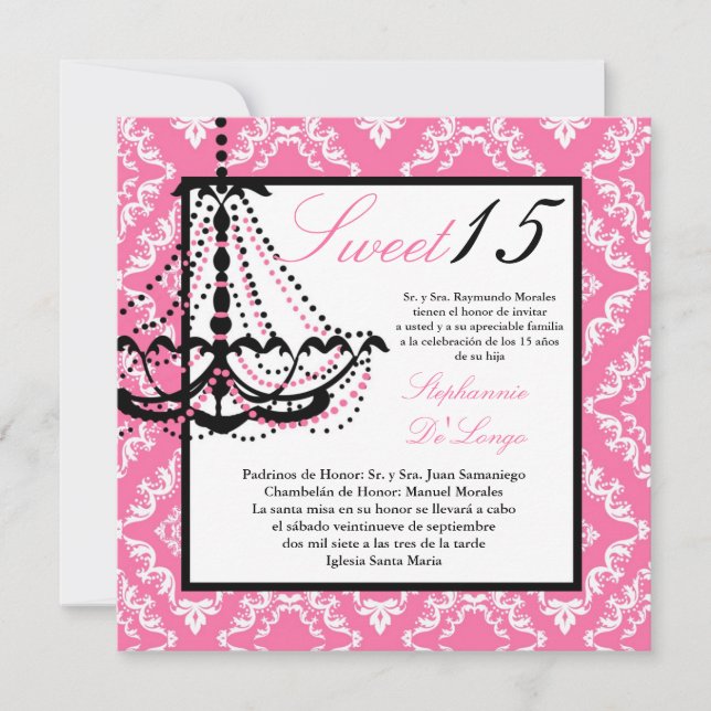 Invitation Quinceanera, chandelier rose 5x5 (Devant)