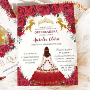 Invitation Quinceañera Charro Red Floral Princess Gold Hors