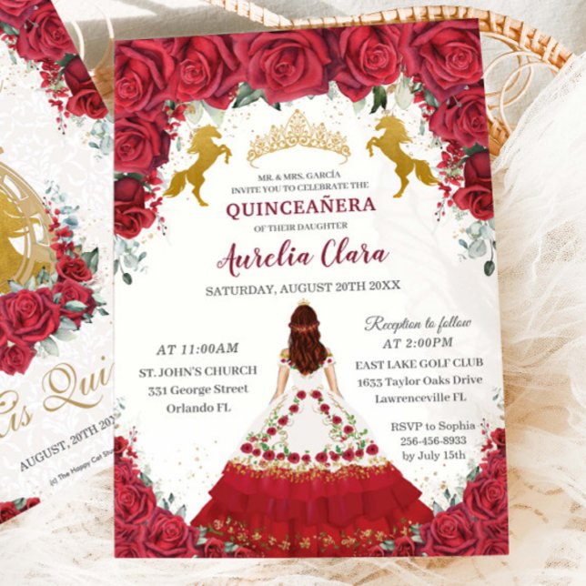 Invitation Quinceañera Charro Red Floral Princess Gold Hors (Créateur téléchargé)