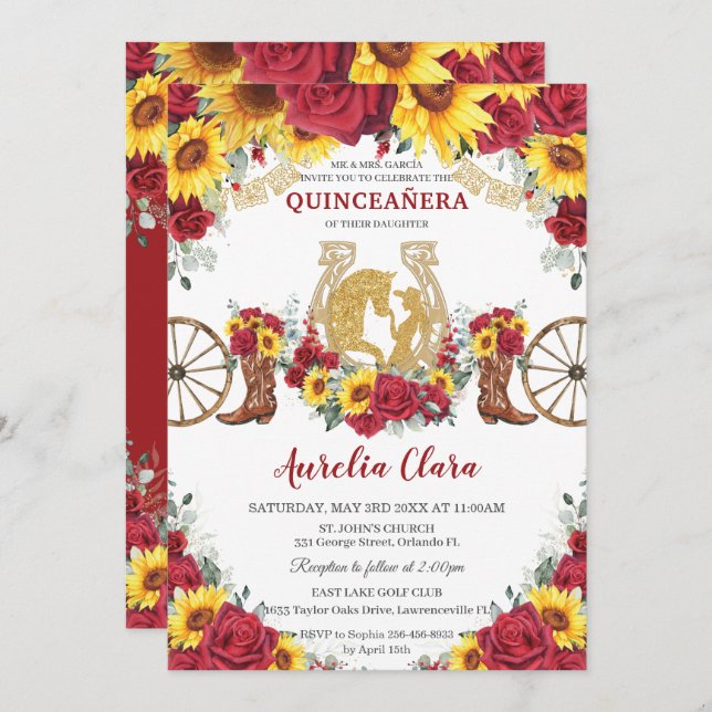 Invitation Quinceañera Charro Sunflowers Red Roses Horse Boot (Devant / Derrière)