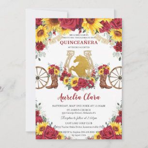 Invitation Quinceañera Charro Sunflowers Red Roses Horseshoe