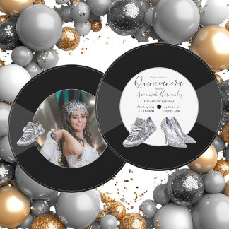 Invitation Quinceañera Chaussures Vinyl Record Photo Argent