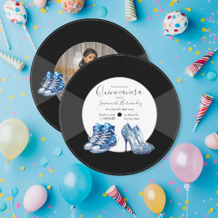 Invitation Quinceañera Chaussures Vinyl Record Photo Bleu