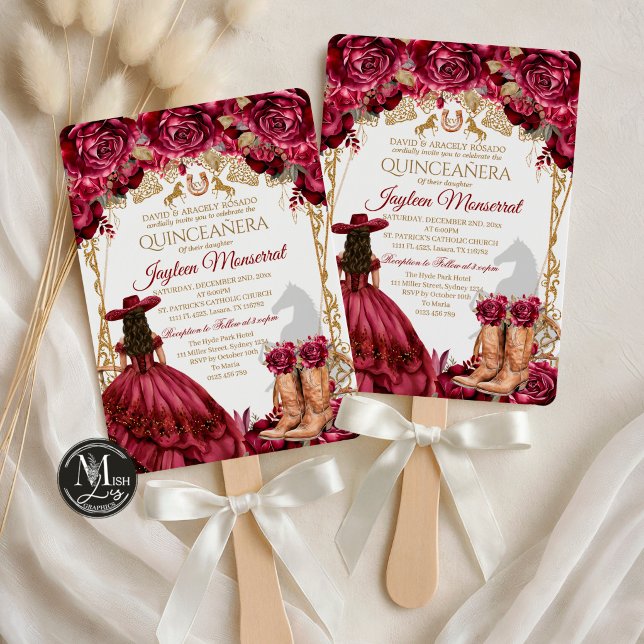 Invitation Quinceañera Cheval Charra Or Bourgogne (Créateur téléchargé)