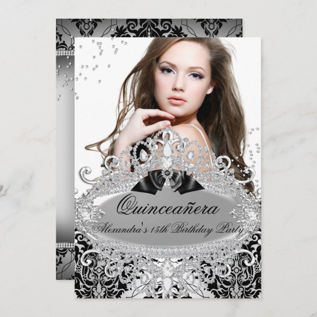 Invitation Quinceanera Chic Argent Damask Diamond Jewel Photo (Devant / Derrière)
