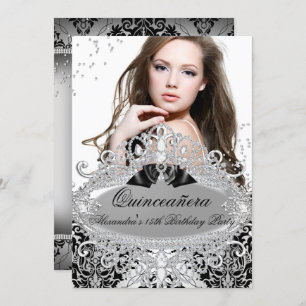 Invitation Quinceanera Chic Argent Damask Diamond Jewel Photo