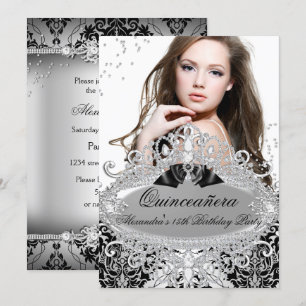 Invitation Quinceanera Chic Argent Damassé Bijou Diamant Phot