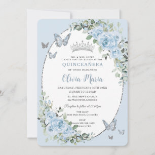 Invitation Quinceañera Chic Baby Blue Floral Papillons