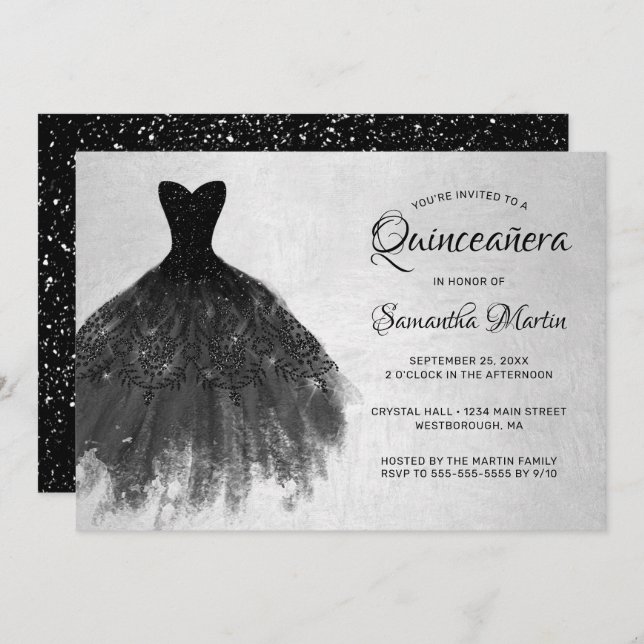 Invitation Quinceanera Chic Black Dress Silver Glam Party (Devant / Derrière)