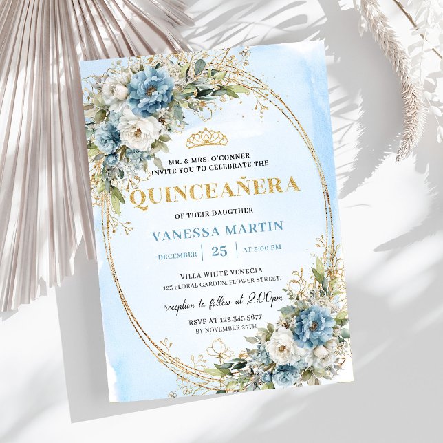 Invitation Quinceañera Chic Dusty Blue Or Greenery (Chic Dusty Blue Gold Greenery Quinceañera Invitation

)