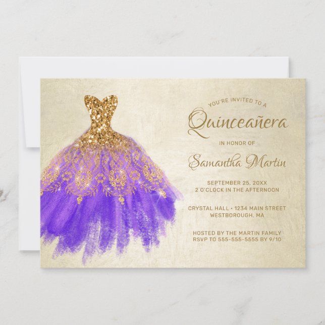 Invitation Quinceanera Chic Gold Purple robe sur Gold Party I (Devant)