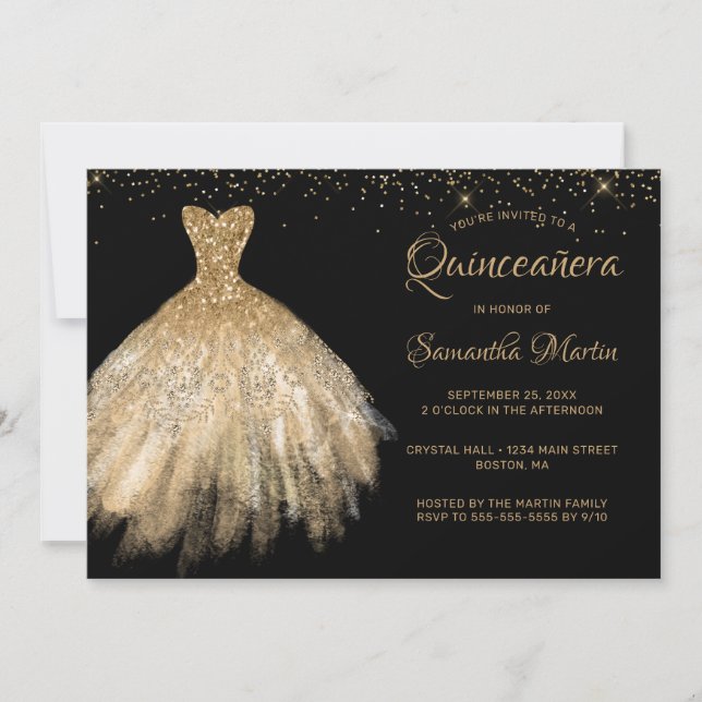Invitation Quinceañera Chic Gold robe sur l'Invitat Black Par (Devant)