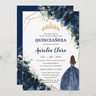 Invitation Quinceañera Chic Navy Bleu Floral Princesse Couron