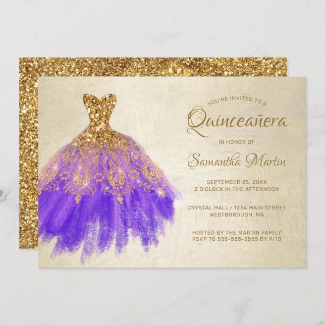 Invitation Quinceanera Chic Or Purple Robe Gold Glam Party (Devant / Derrière)
