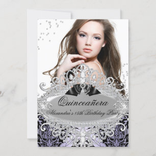 Invitation Quinceanera Chic Purple Damask Diamond Jewel Photo