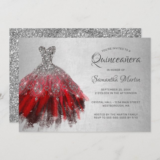 Invitation Quinceanera Chic Red Robe Parties scintillant soir (Devant / Derrière)