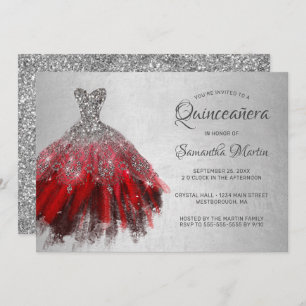 Invitation Quinceanera Chic Red Silver Dress Parties scintill