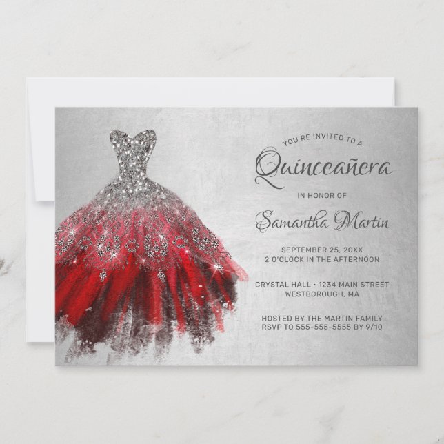 Invitation Quinceanera Chic Red Silver Dress Shiny Party Invi (Devant)