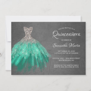 Invitation Quinceanera Chic Silver Aqua Robe sur Grey Party
