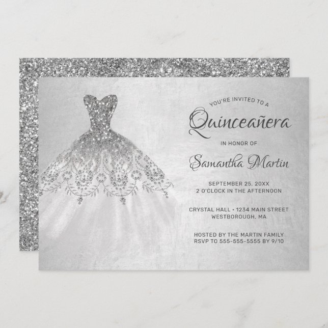 Invitation Quinceanera Chic Silver Dress Silver Parties scint (Devant / Derrière)