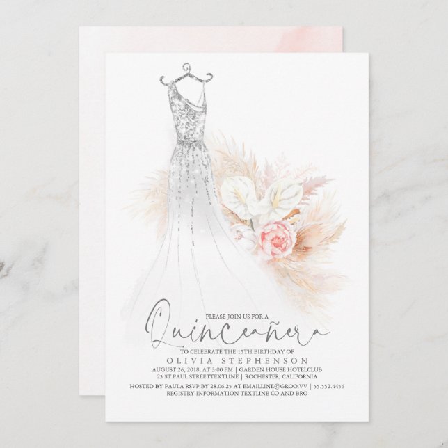 Invitation Quinceañera Chic Silver Pampas Grass 15e anniversa (Devant / Derrière)